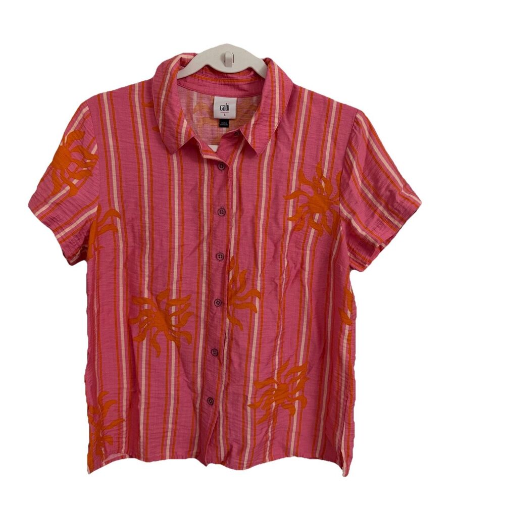 CAbi 6721 Cottage Top‎ Small Pink Resortwear Tropical Button Up Blouse Collared